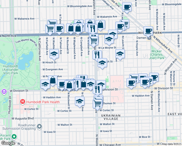 map of restaurants, bars, coffee shops, grocery stores, and more near 1320 North Artesian Avenue in Chicago