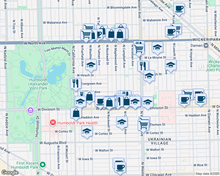 map of restaurants, bars, coffee shops, grocery stores, and more near in Chicago