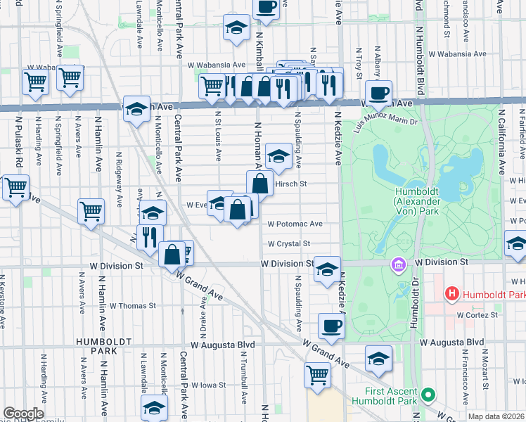map of restaurants, bars, coffee shops, grocery stores, and more near 3341 West Evergreen Avenue in Chicago