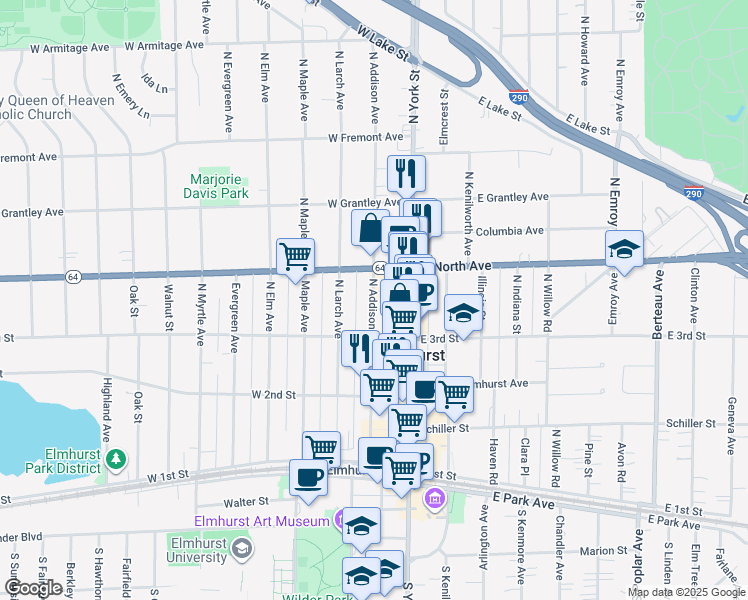 map of restaurants, bars, coffee shops, grocery stores, and more near 260 North Addison Avenue in Elmhurst