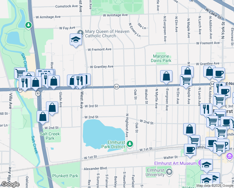 map of restaurants, bars, coffee shops, grocery stores, and more near 276 Highland Avenue in Elmhurst
