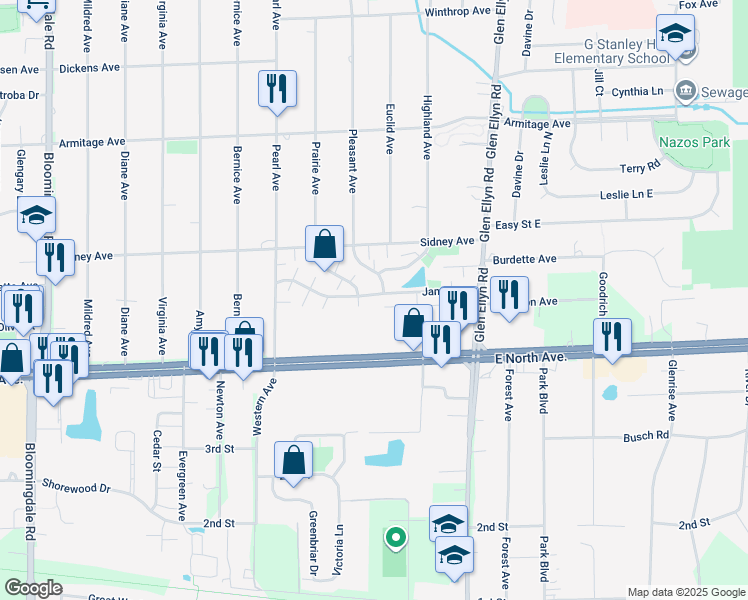 map of restaurants, bars, coffee shops, grocery stores, and more near 1259B Prairie Avenue in Glendale Heights