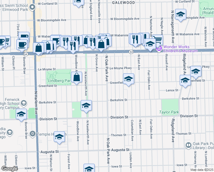 map of restaurants, bars, coffee shops, grocery stores, and more near 1049 North Oak Park Avenue in Oak Park