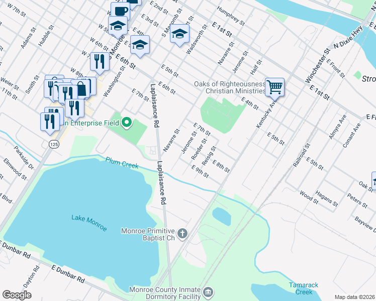 map of restaurants, bars, coffee shops, grocery stores, and more near 809 Jerome Street in Monroe