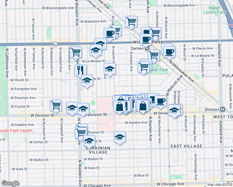 map of restaurants, bars, coffee shops, grocery stores, and more near in Chicago