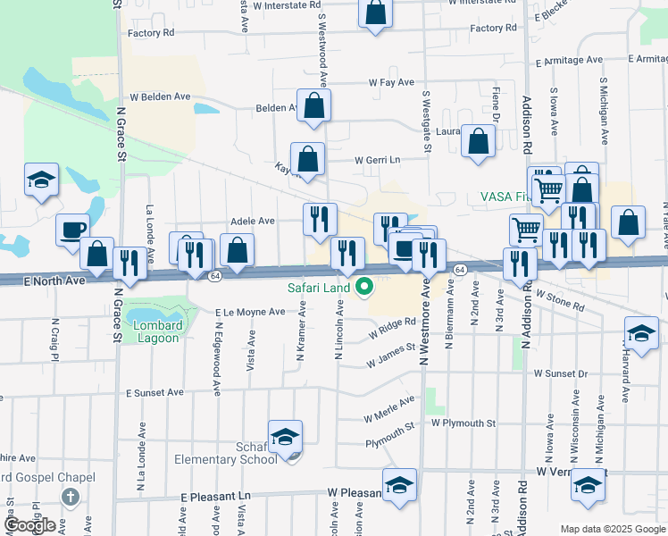 map of restaurants, bars, coffee shops, grocery stores, and more near 1846 West North Avenue in Addison