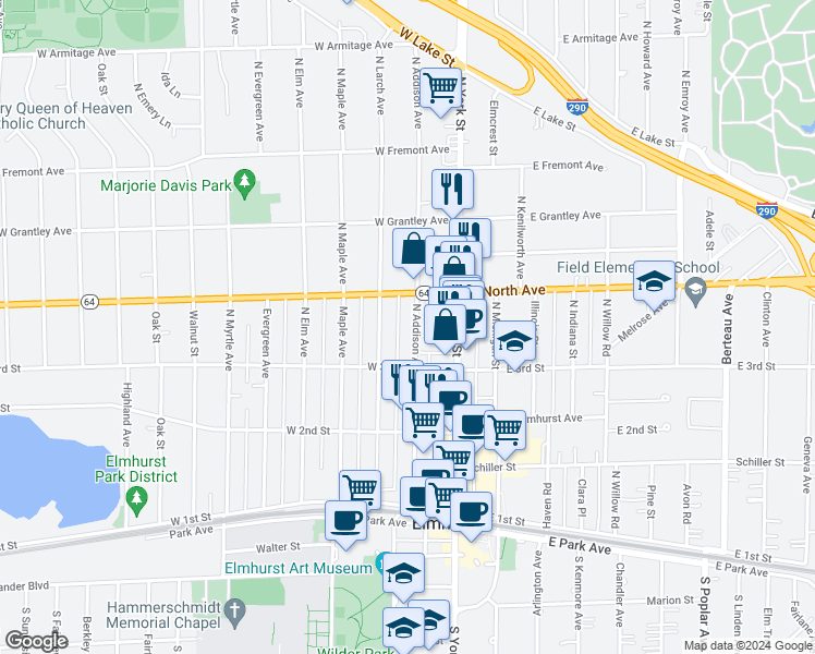 map of restaurants, bars, coffee shops, grocery stores, and more near 252 North Addison Avenue in Elmhurst