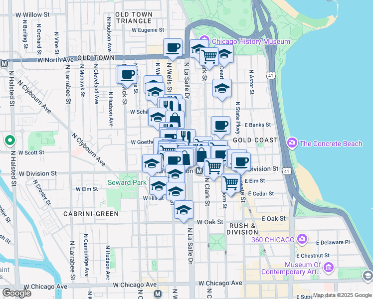 map of restaurants, bars, coffee shops, grocery stores, and more near 1250 North LaSalle Street in Chicago