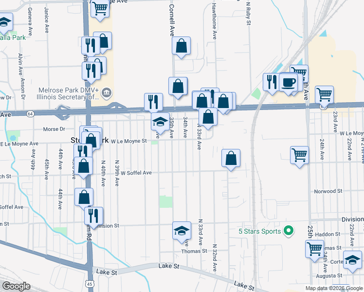 map of restaurants, bars, coffee shops, grocery stores, and more near 1745 35th Avenue in Stone Park