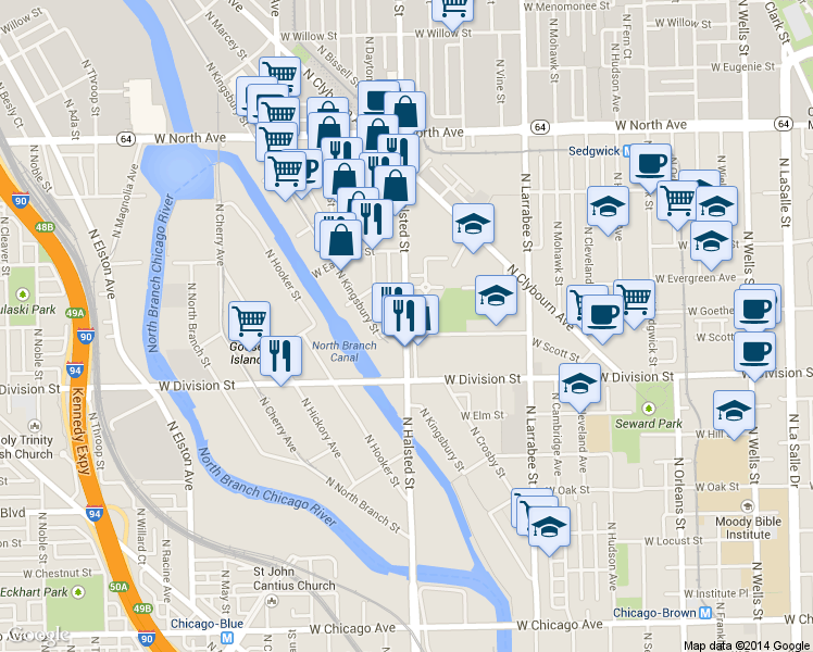 map of restaurants, bars, coffee shops, grocery stores, and more near 1311 North Halsted Street in Chicago