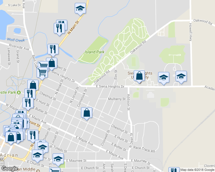 map of restaurants, bars, coffee shops, grocery stores, and more near 707 East Siena Heights Drive in Adrian