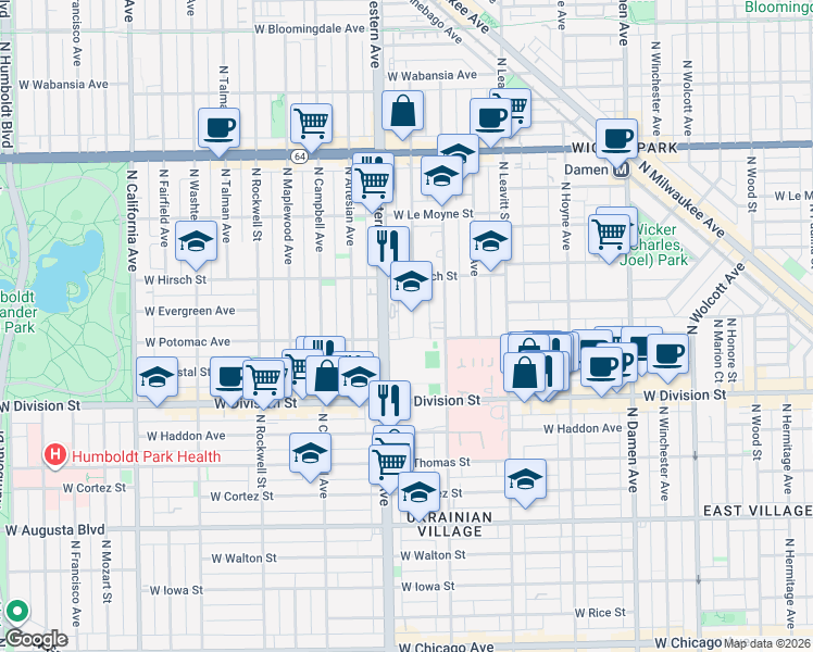 map of restaurants, bars, coffee shops, grocery stores, and more near 1310 North Claremont Avenue in Chicago