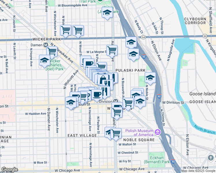 map of restaurants, bars, coffee shops, grocery stores, and more near in Chicago