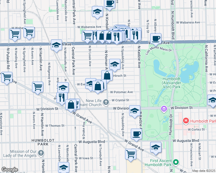 map of restaurants, bars, coffee shops, grocery stores, and more near 3341 West Evergreen Avenue in Chicago