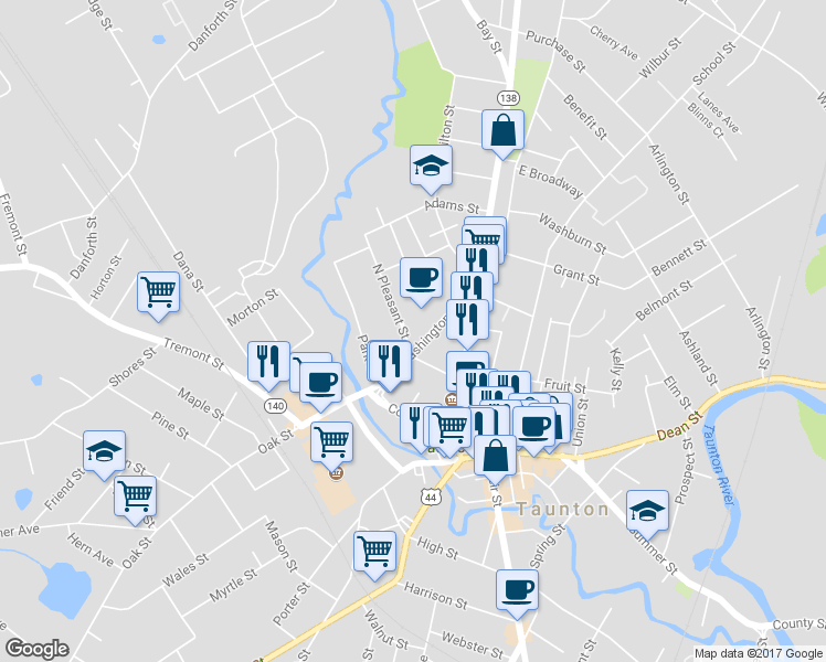 map of restaurants, bars, coffee shops, grocery stores, and more near 72 Washington Street in Taunton