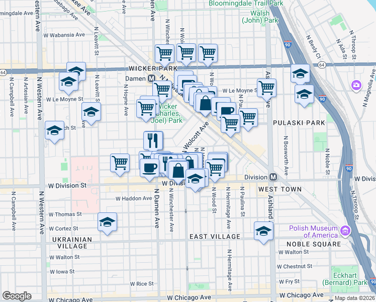 map of restaurants, bars, coffee shops, grocery stores, and more near 1269 North Wolcott Avenue in Chicago
