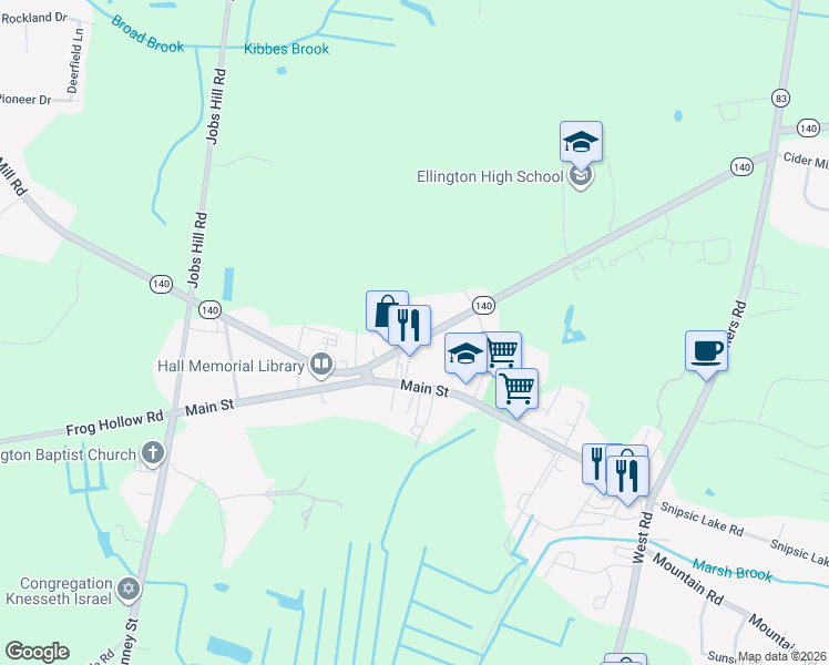 map of restaurants, bars, coffee shops, grocery stores, and more near 87 Maple Street in Ellington