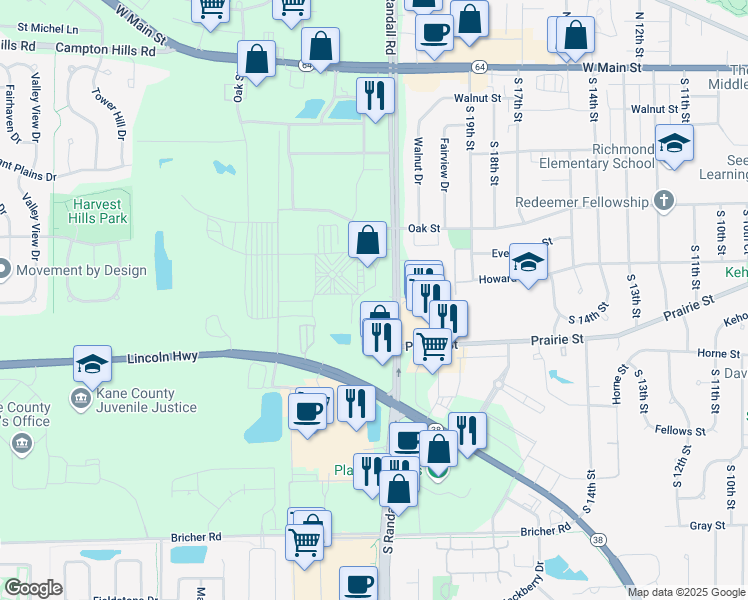 map of restaurants, bars, coffee shops, grocery stores, and more near 535 Randall Road in St. Charles