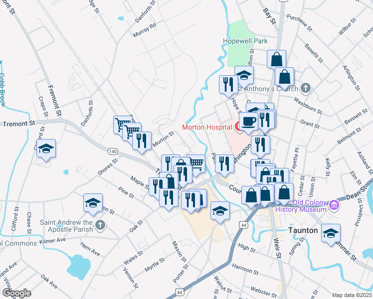 map of restaurants, bars, coffee shops, grocery stores, and more near 12 Chandler Avenue in Taunton
