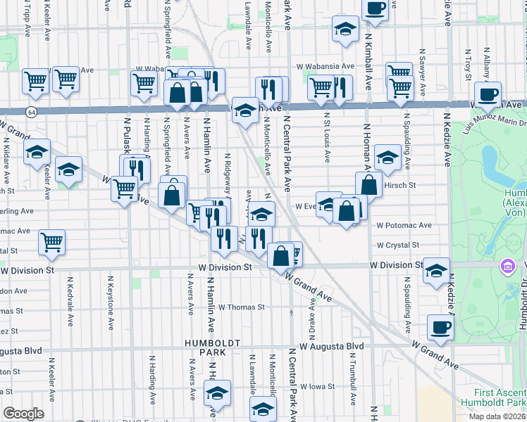 map of restaurants, bars, coffee shops, grocery stores, and more near 1331 North Lawndale Avenue in Chicago