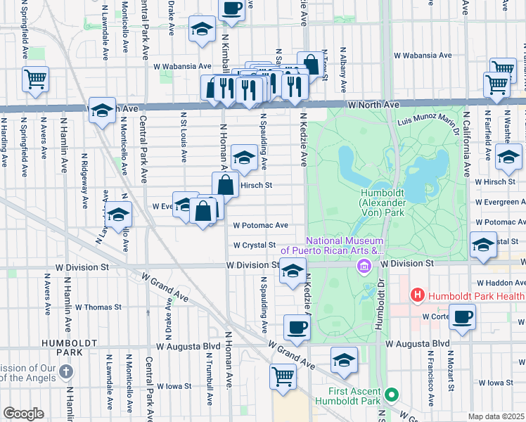 map of restaurants, bars, coffee shops, grocery stores, and more near 3301 West Evergreen Avenue in Chicago
