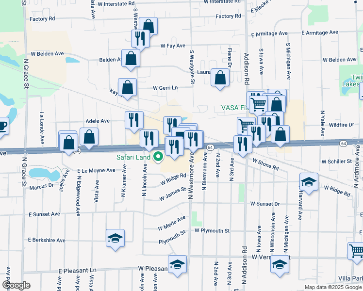 map of restaurants, bars, coffee shops, grocery stores, and more near 2010 West North Avenue in Addison