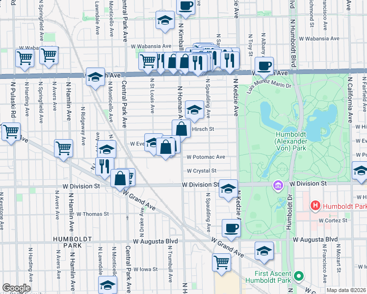 map of restaurants, bars, coffee shops, grocery stores, and more near 1317 North Homan Avenue in Chicago