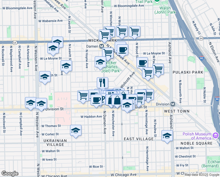 map of restaurants, bars, coffee shops, grocery stores, and more near 1940 West Potomac Avenue in Chicago