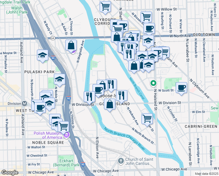 map of restaurants, bars, coffee shops, grocery stores, and more near 1382 North Cherry Avenue in Chicago