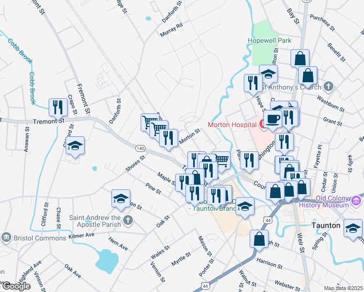 map of restaurants, bars, coffee shops, grocery stores, and more near 20 Dana Street in Taunton