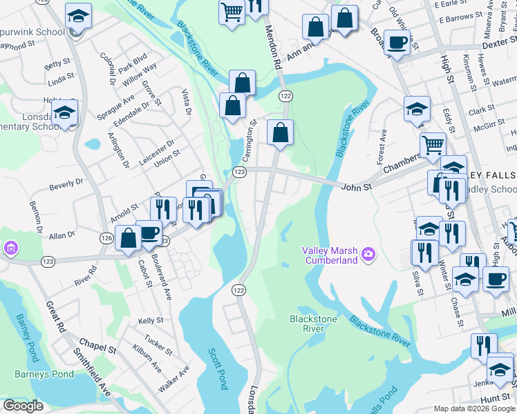 map of restaurants, bars, coffee shops, grocery stores, and more near 80 Lonsdale Main Street in Lincoln