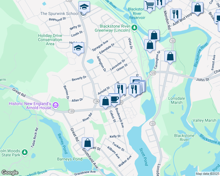 map of restaurants, bars, coffee shops, grocery stores, and more near 117 Arnold Street in Lincoln