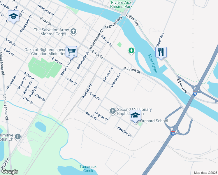 map of restaurants, bars, coffee shops, grocery stores, and more near 1324 East 3rd Street in Monroe