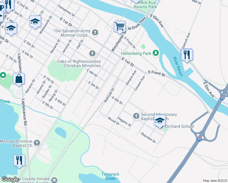 map of restaurants, bars, coffee shops, grocery stores, and more near 407 Railroad Street in Monroe