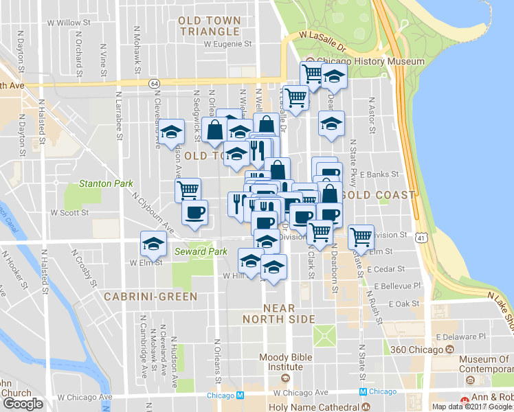 map of restaurants, bars, coffee shops, grocery stores, and more near 1254 North Wells Street in Chicago