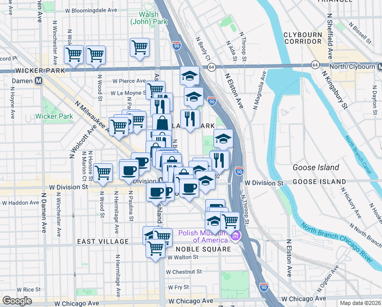 map of restaurants, bars, coffee shops, grocery stores, and more near 1310 North Cleaver Street in Chicago