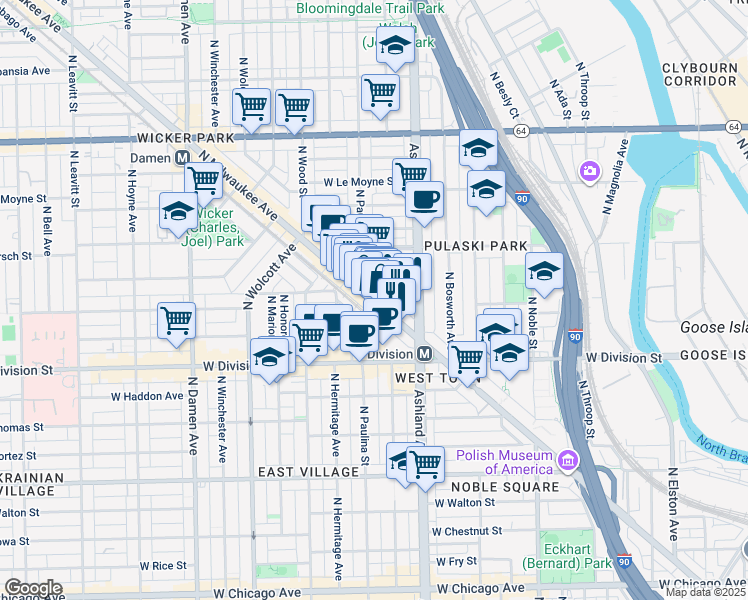 map of restaurants, bars, coffee shops, grocery stores, and more near in Chicago