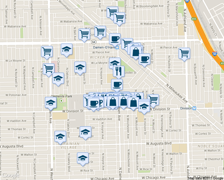 map of restaurants, bars, coffee shops, grocery stores, and more near 2017 West Evergreen Avenue in Chicago