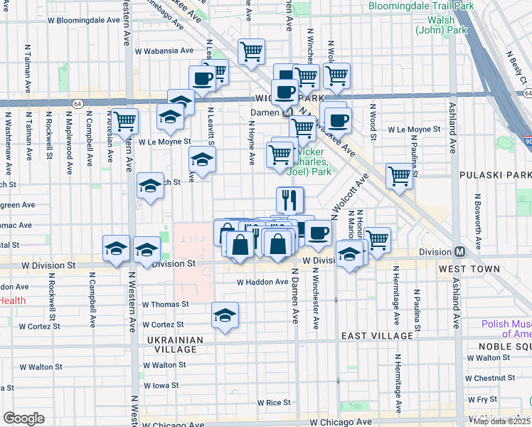 map of restaurants, bars, coffee shops, grocery stores, and more near 1317 North Hoyne Avenue in Chicago