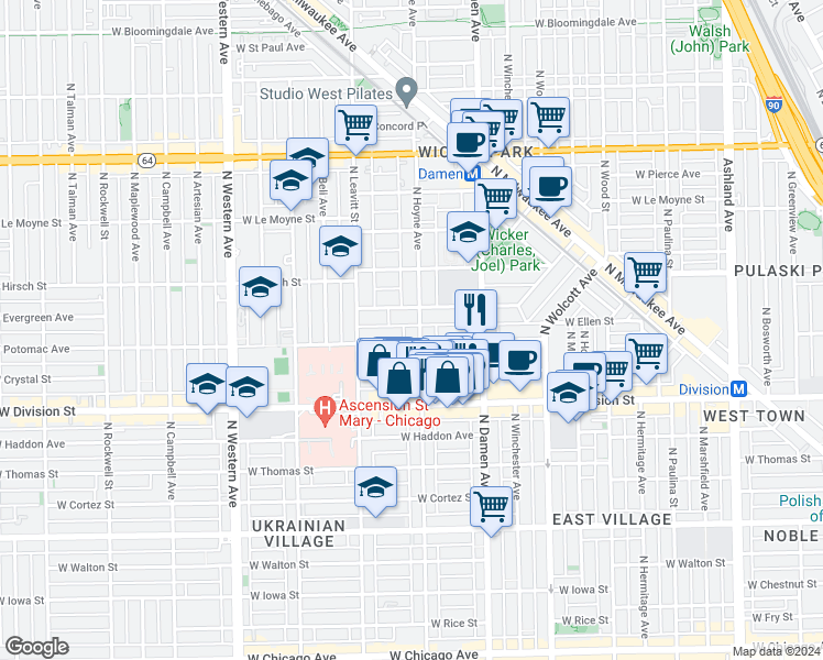 map of restaurants, bars, coffee shops, grocery stores, and more near 1317 North Hoyne Avenue in Chicago