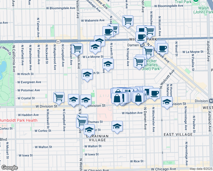 map of restaurants, bars, coffee shops, grocery stores, and more near in Chicago