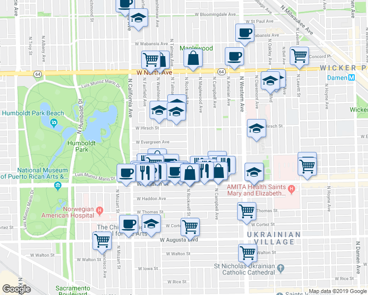map of restaurants, bars, coffee shops, grocery stores, and more near 2621 West Evergreen Avenue in Chicago