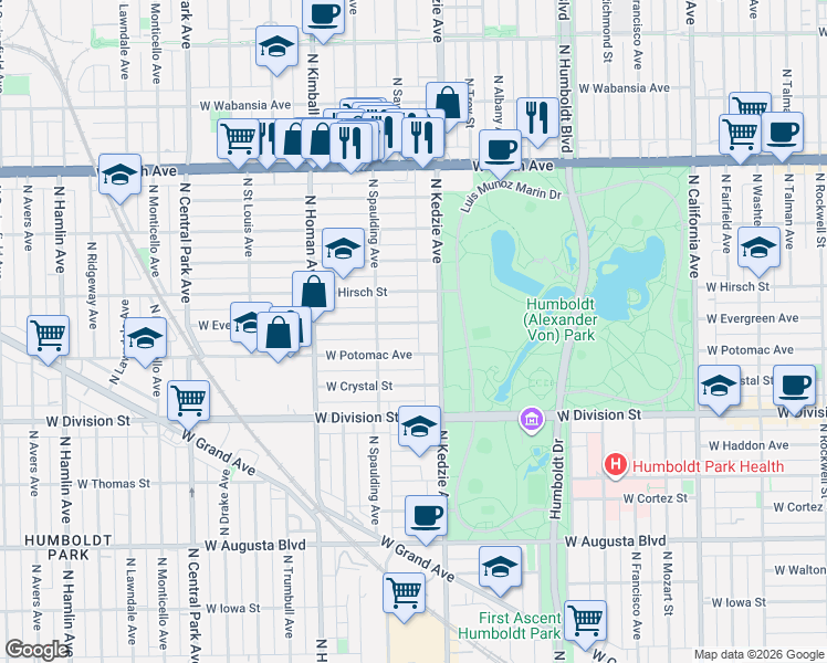 map of restaurants, bars, coffee shops, grocery stores, and more near 3227 West Evergreen Avenue in Chicago