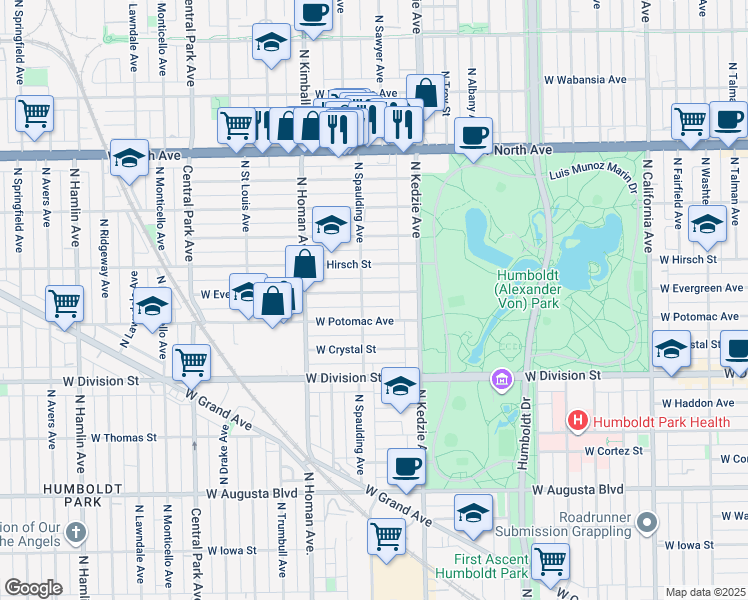 map of restaurants, bars, coffee shops, grocery stores, and more near 3301 West Evergreen Avenue in Chicago