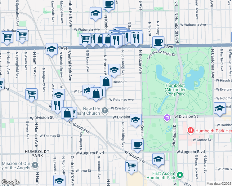 map of restaurants, bars, coffee shops, grocery stores, and more near 3341 West Evergreen Avenue in Chicago