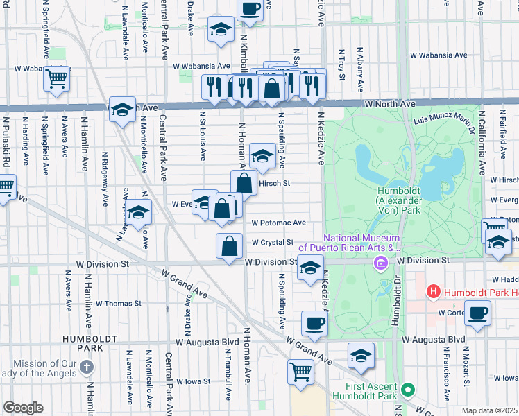 map of restaurants, bars, coffee shops, grocery stores, and more near 3341 West Evergreen Avenue in Chicago