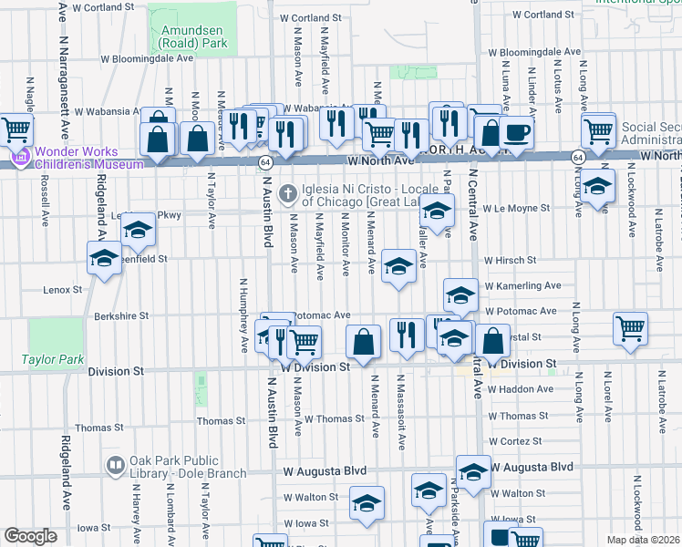 map of restaurants, bars, coffee shops, grocery stores, and more near 1355 North Mayfield Avenue in Chicago