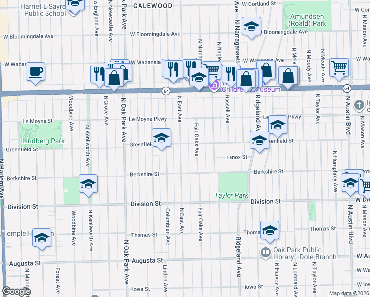 map of restaurants, bars, coffee shops, grocery stores, and more near 1047 Fair Oaks Avenue in Oak Park