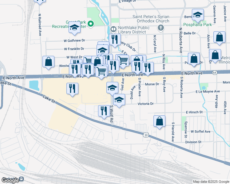 map of restaurants, bars, coffee shops, grocery stores, and more near 33 South Wolf Road in Northlake