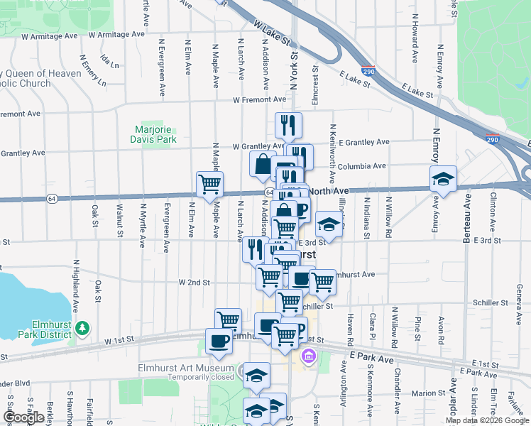 map of restaurants, bars, coffee shops, grocery stores, and more near 260 North Addison Avenue in Elmhurst
